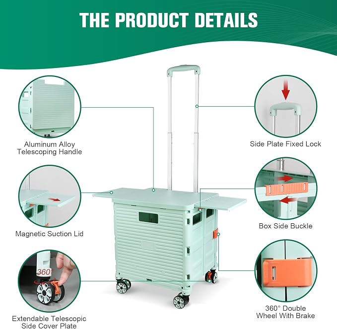 Foldable Utility Cart Folding Portable Rolling Crate with Magnetic Extended Lid,360°Rotate Wheels,176LBS Load Capacity,Heavy Duty Durable Dolly Cart for Teacher Tourist Shopping Office Outdoor