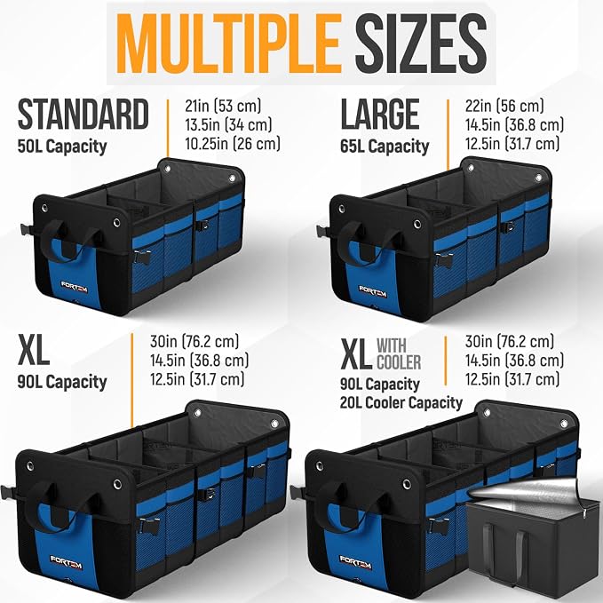 FORTEM Trunk Organizer - Collapsible Car Organizer & Storage Bag for SUVs | Car Accessories for Men & Women, Cooler Bag, Non Slip Bottom, Straps, Soft Cover, 1680D Oxford, 6 Compartments, Blue, 110L