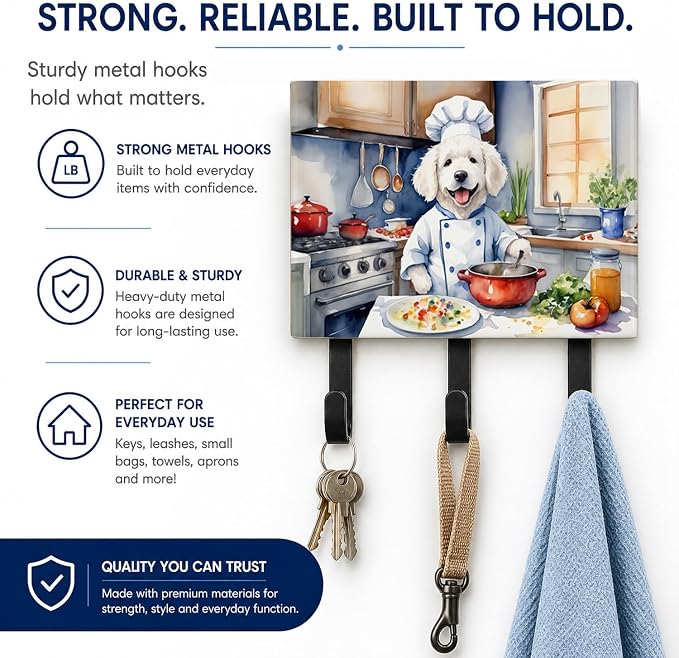 Caroline's Treasures Kuvasz The Chef Leash or Key Holder Wall Hooks, Key Hooks Holder, Coat Rack Wall Mount, Coat Hooks, Hooks for Hanging Keys, Towels, Aprons, Leashes | Kuvasz The Chef artwork on ceramic tile with three steel hooks for keys, leashes,...