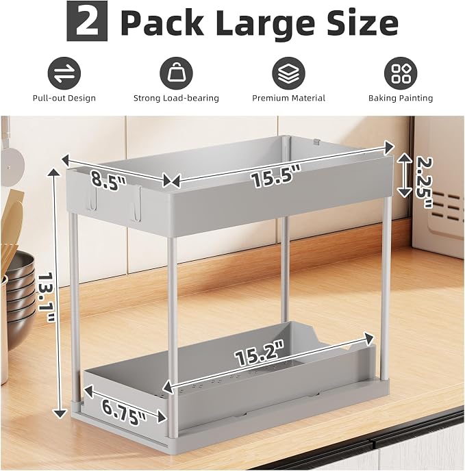 Simple Trending Under Sink Organizer 2 Pack, with Sliding Drawer, Grey | 2-Tier Multi-Use Under Shelf Organizer with Hooks, Sink Pull-Out Sliding Storage Cabinet for Kitchen Bathroom, Easy Assembly