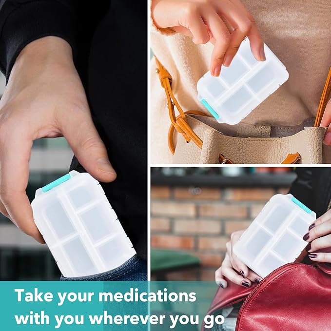 Pill Organizer Travel with 189 Medicine Labels, 10 Compartments Pill Container Travel Pill Box Purse Pill Case Compact Pill Organizer (White, 1 Pack)