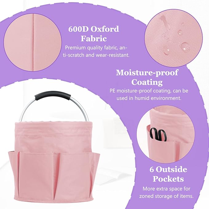 2Pcs 17L Cleaning Caddy with Handle, 600D Oxford Garden Tool Bag,Black+Pink | IHOMAGIC Cleaning Supplies Caddy with 6-Pocket, Water-Resistant Tool Bucket Organizer, Storage Basket for Family, Dorm, Hotel