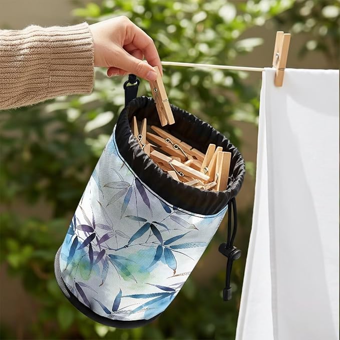 Clothespin Drawstring Bag, Bamboo Branch Print Portable Laundry Peg Organizer Pouch with Multi-Hang Design, Storage for Clips, Perfect for Drying Rack, Camping, Beach, Dorm