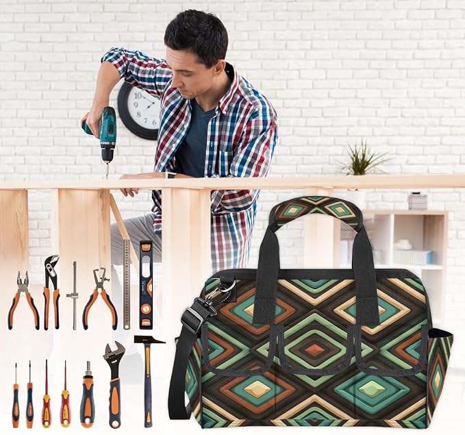 Geometric Shapes Heavy Duty Tool Bag 14.8 Inch Mid Century Modern Portable Soft Tool Box Organizer Storage with Adjustable Shoulder Strap