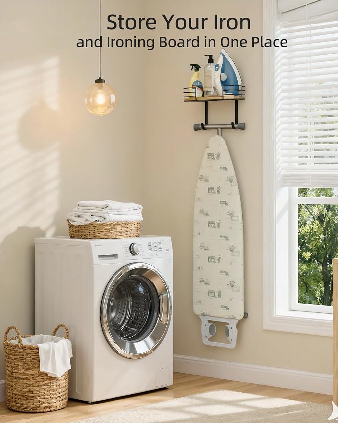THYGIFTREE Ironing Board Holder Wall Mount and Basket Iron Holder Rack | Heavy-duty metal and wood organizer stores ironing boards, irons and steamers with a shelf, basket and wall-mounted design