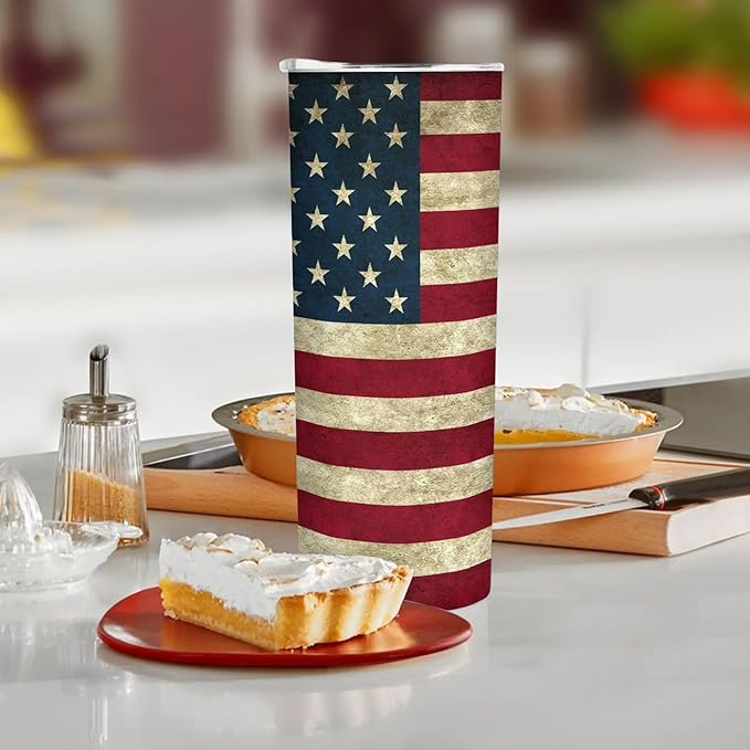 20 oz Insulated Stainless Steel Tumbler Mug, American Banner US Retro Flag Cup with Lid, Hot and Cold Insulation Presents for Men Women Teens