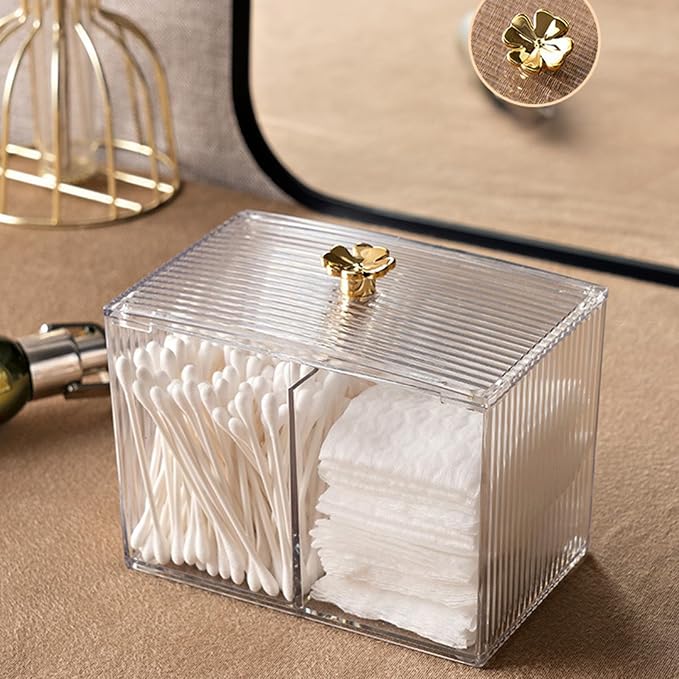 Cotton Pad Storage Box Cotton Swab Container Transparent Cosmetic Organizer with Lid Grid for Makeup Vanity Desk Decoration Durable PET Plastic 248g