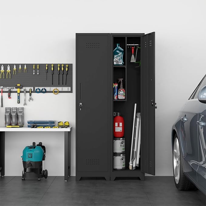 Slim Broom Closet Storage Cabinet, Black Metal Cabinets with Lock and & S-Hooks, Cleaning Supply Cabinet, 65x15.8x15.8 Utility Storage Cabinet for Garage, Office, Laundry Room