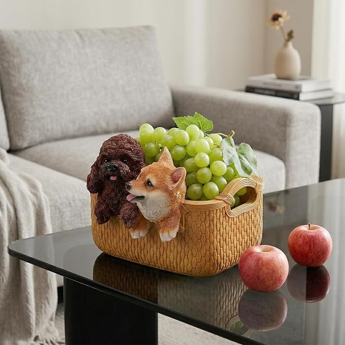 Catchall Bowl Poodle & Shiba Inu Statue - Decorative Entryway Key Holder & Candy Dish - Cute Double Dog Figurine Organizer for Desk & Room Decor - Pet Lover Housewarming Gift