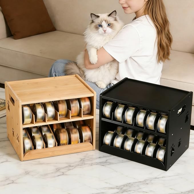 JALZ JALZ Bamboo Cat Food Can Dispenser 2-Tier Gravity Pet Food Storage Rack | Compact 2-tier organizer maximizes vertical space in your pantry, cabinet, or countertop