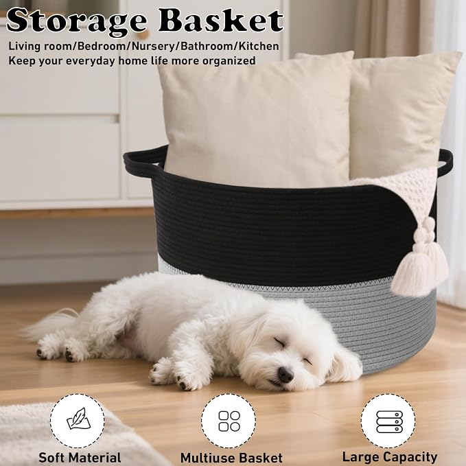 115L Large Blanket Basket,Woven Laundry Basket-Black&Light Grey | Collapsible, reinforced handles, nursery storage bin organizes clothes, toys and pillows for living room, bedroom bathroom