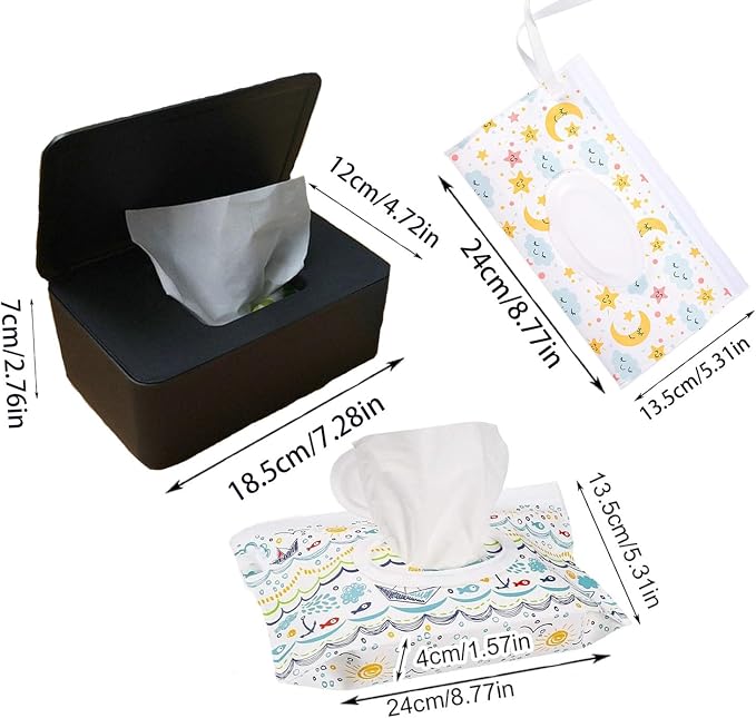 Wipes Dispenser Set,1 Wipe Box & 2 Portable Pouches,Black | Refillable Reusable Large Wet Wipe Holder, Flushable Wipes Case Bathroom Wipes Container for Pet Nursery Kitchen Office