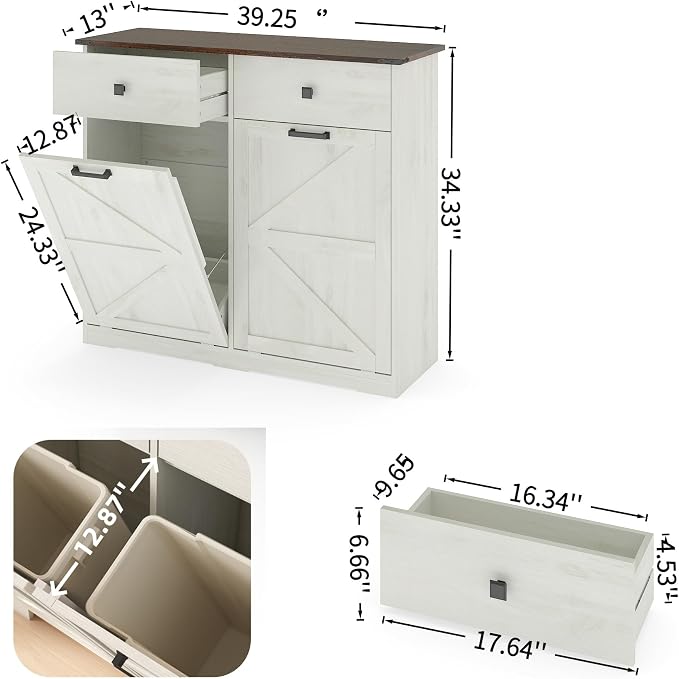 Double Tilt Out Trash Can Cabinet for 20 Gallon,Hidden Dual Laundry Cabinets with 2 Drawers & 2 Baskets, Barn Door Style Garbage Cabinet for Kitchen