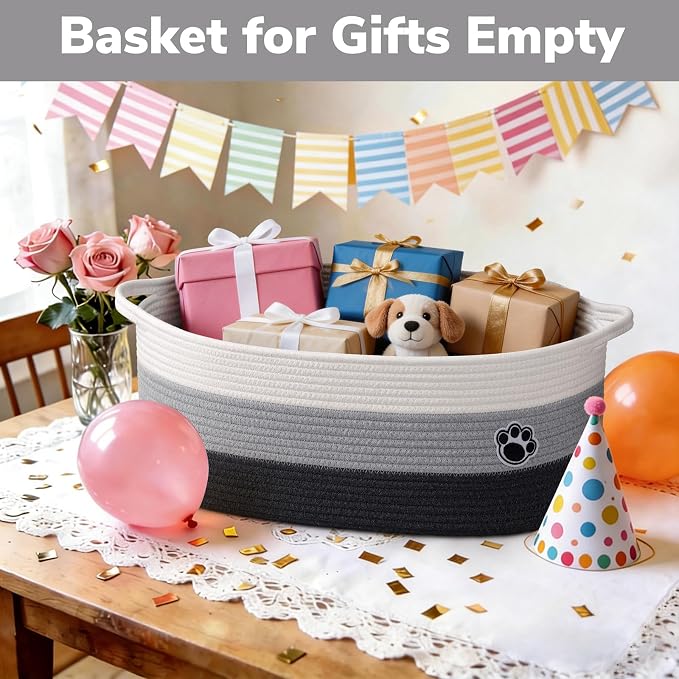 30L Large Woven Rope Dog Toy Basket with Paw Print, Mixed Grey | 19.7" x 11" x 7.9" Dog Toy Bin & Box with Handles, Storage Basket for Blankets Towels, Fits Living Room Nursery Bedroom