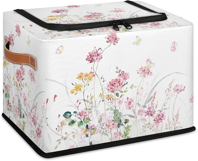 Boho Floral Flowers Storage Basket | Rectangular, Collapsible with Zipper Lid, Watercolor Butterfly Design, With Handles, 24L Capacity