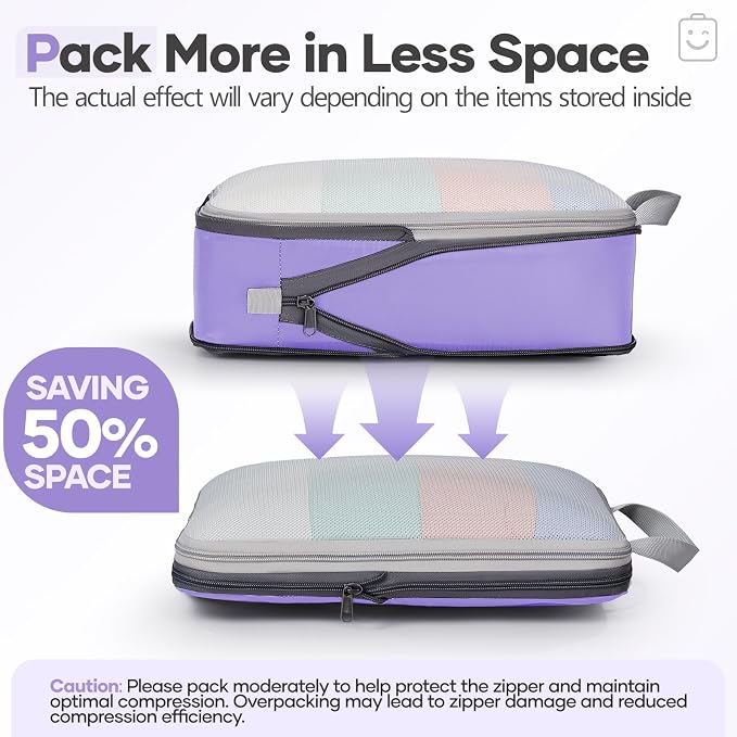 Veken 9/11 Set Compression Packing Cubes Garment Bags for Travel Essentials,Compressible Expandable Luggage Organizer Bags for Clothing,Space Saver Bags with Over 1000 pcs of Mesh Holes(Light Purple)