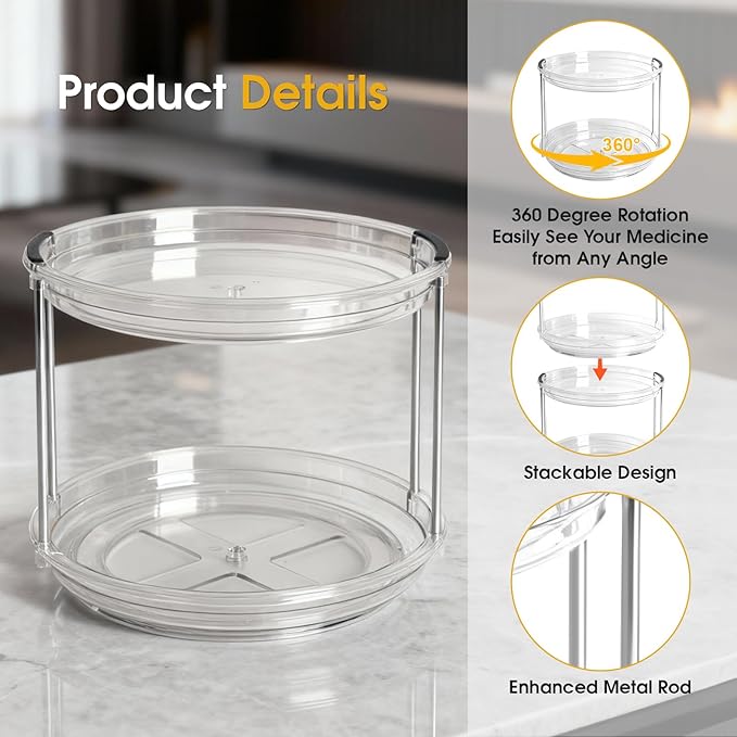 2 Pack Medicine Cabinet Organizer, Rotary Turntable Organizer for Medicine and Vitamin Bottles, Under Sink Organizer for Medicine, Bathroom Cabinet Storage, Easy Assembly, Transparent Clear