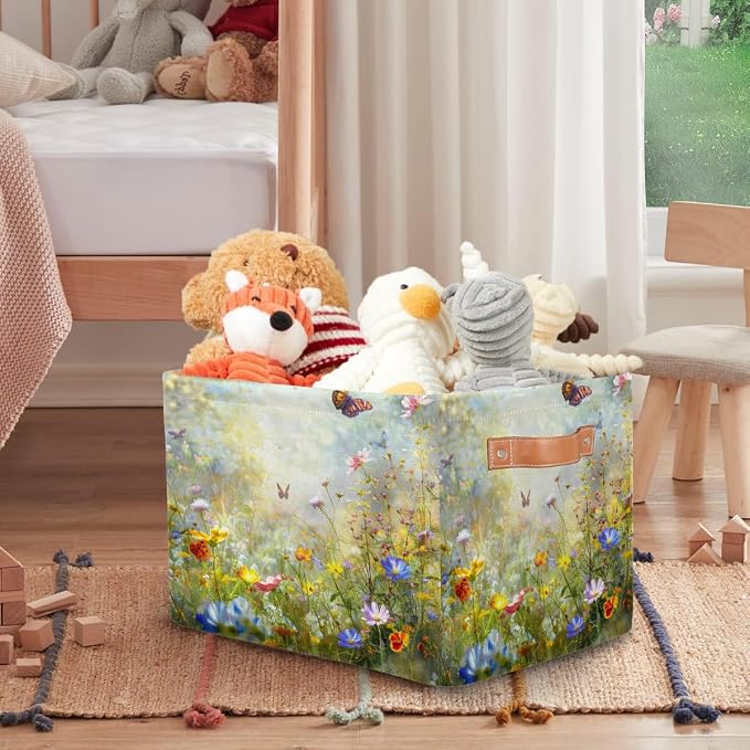 Storage Baskets Bin, Spring Wild Flowers Butterfly Collapsible Canvas Fabric Storage Bin Decorative Baskets Toy Organizer Rectangle Storage Boxes with Handles for Home Shelves Nursery,1Pack,A-696