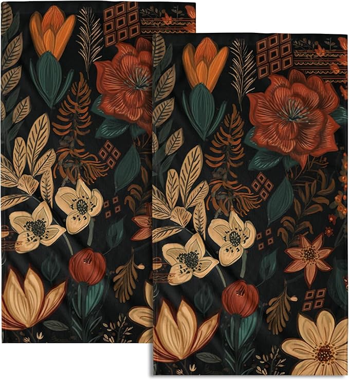 Giwawa Boho Floral Hand Towels Set of 2 Black Mid Century Fingertip Towel Absorbent Face Towel Soft Dish Towels for Gym Bath Kitchen Home Decor