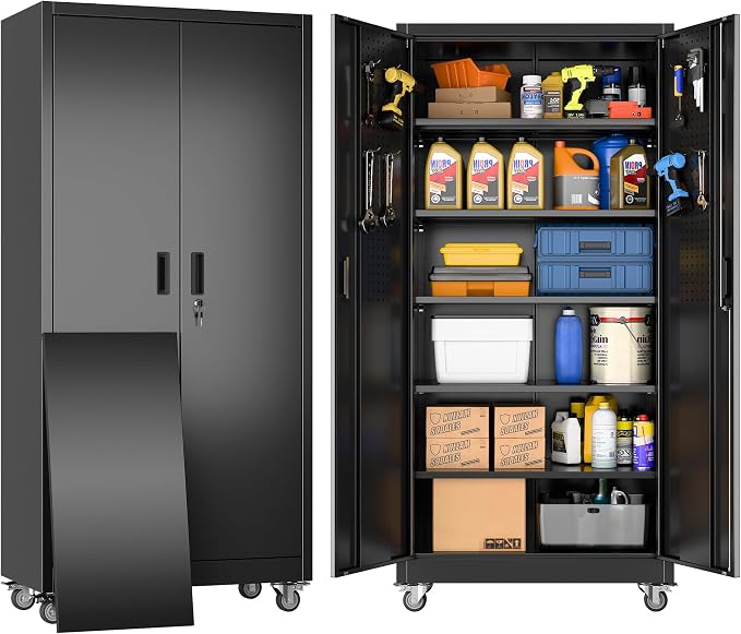 Garage Storage Cabinet with Wheels and Pegboard Doors, Black | 71"H x 34"W x 18"D steel cabinet with 5 adjustable shelves, 4 casters, 4 hooks and 3-point locking; assembly required.