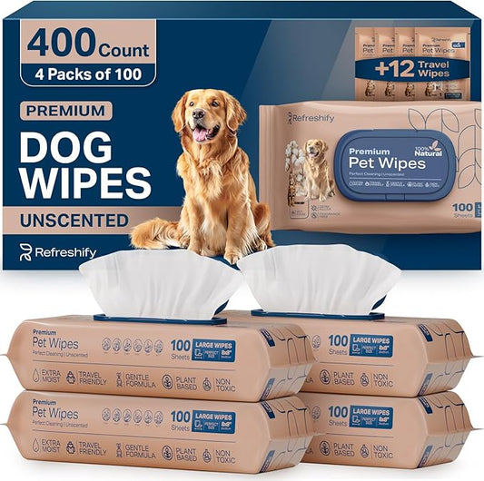 REFRESHIFY Dog Wipes for Paws and Butt - Plant Based Unscented (Pack of 400) - Pet Wipes for Dogs and Cats - Deodorizing Non Toxic Dog Wipes, +12 Additional Travel Wipes