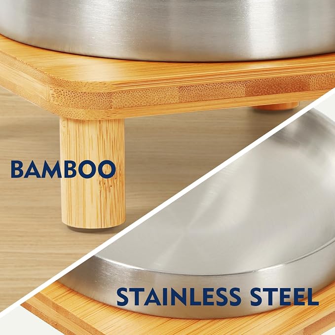 DoogCat Raised Cat Bowls, Bamboo Stand with 2 Stainless Steel Bowls | Adjustable Height, Whisker-Friendly Design, Food & Water Set, Stable Construction, Easy to Clean