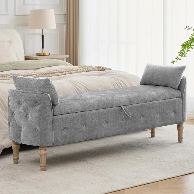 67"End of Bed Storage Bench King Size,Upholstered Bedroom Bench,Grey | Linen Storage Bench for Bedroom End of Bed ,2 Cushion, Vintage Wood Legs ,Tufted,Storage Ottoman Bench for Entryway Window