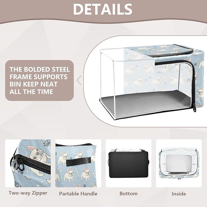 Cute Pets Dogs Blue print Under Bed Storage Containers with Double Zipper Openings, Foldable Clothes Storage Bins with Clear Window and Handles for Comforters Bedding Blankets