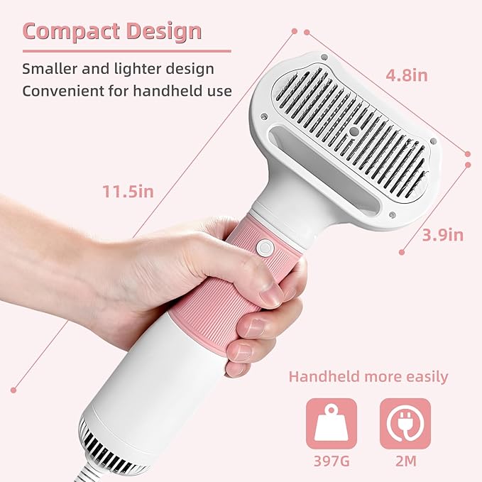 Dog Grooming Dryer with Slicker Brush, 3 in 1 Professional Portable Pet Dryer for Dogs Cats Adjustable Temperature Speed Settings, Pet Blow Brush for Home Travel Use (Pink)