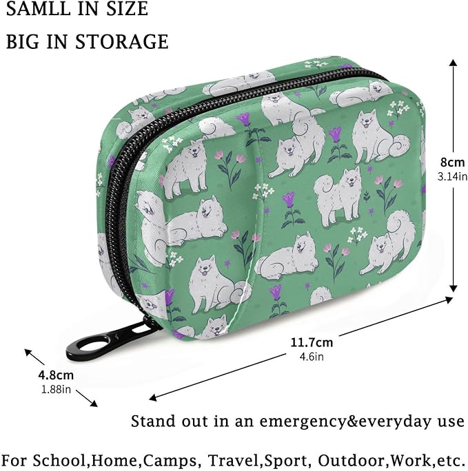 Fustylead Cute White Samoyed Dogs on A Green Meadow Pill Organizer Travel Portable Zipper Cloth Bag for Holding Weekly Supplements Vitamins and Fish Oils