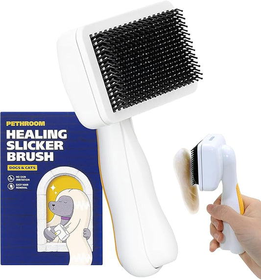 PETHROOM Self-Cleaning Slicker Brush for Dogs & Cats – Gentle Grooming & Deshedding Tool, Removes Mats & Tangles, Skin-Friendly Coated Tips, One-Touch Hair Removal Button