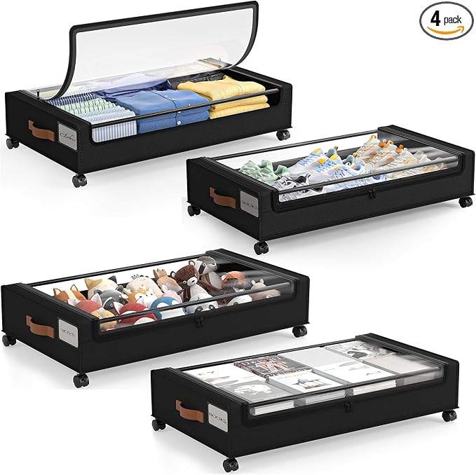 LAMU Under Bed Storage with Wheels, 4Pack Underbed Storage Containers,Black | Smooth-rolling Wheels, Clear Lid & Label, Sturdy Metal Frame, Easy Install, Rolling Storage Drawers for Clothes, Shoes, Toys