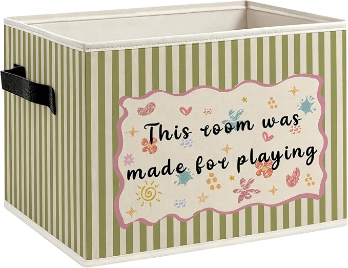 Kids Boy Girl Nursery Playroom Foldable Storage Bins Box with Handles, This Room Is Made for Playing Striped Decorative Storage Boxes Baskets Toybox Organizer for Kids Nursery Room Bedroom