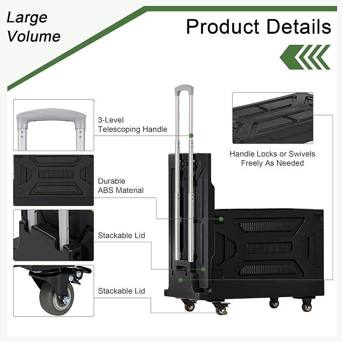 VECELO 23 GAL 2-in-1 Foldable Shopping Cart, Collapsible Utility Cart with Adjustable Handle & 360° Wheels, Dual-Mode Rolling Crate (Basket/Flatbed) for Groceries, Camping, Compact Storage, Black