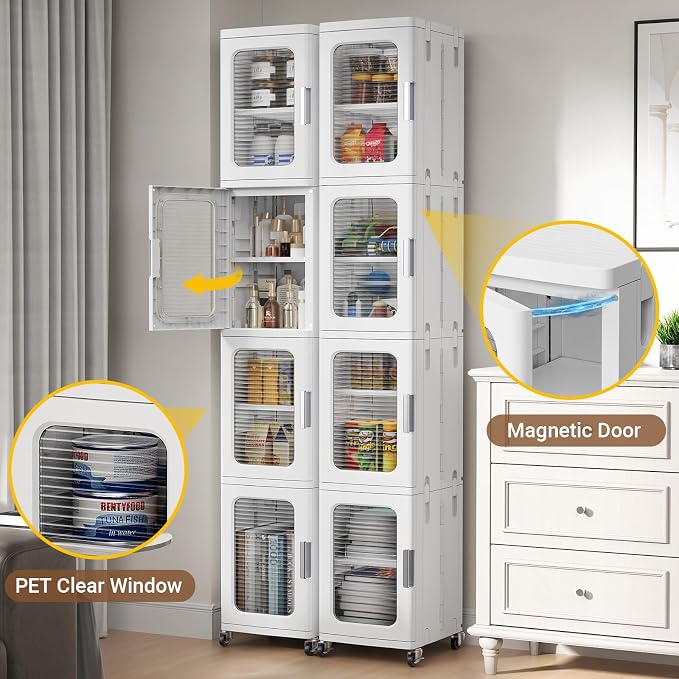 BROVIEW 3-Tier Tall Narrow Storage Cabinet Organizer, Slim Bathroom Cabinets with Adjustable Shelves and Doors, Plastic Kitchen Pantry Organizers and Storages for Small Space, Laundry, White