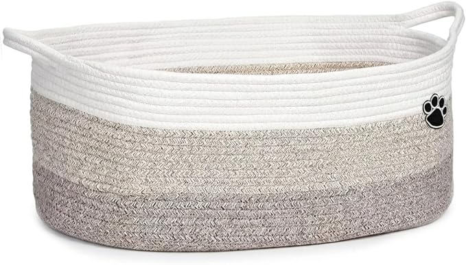 Dog Toys Storage Basket | Toy Box for Dog & Cat | 30L Woven Cotton Rope Bin, Cutout Handles, Pet-Safe | Organizer for Chew Toys, Blankets leashes, Toy holder | Foldable & Washable (White-Beige)