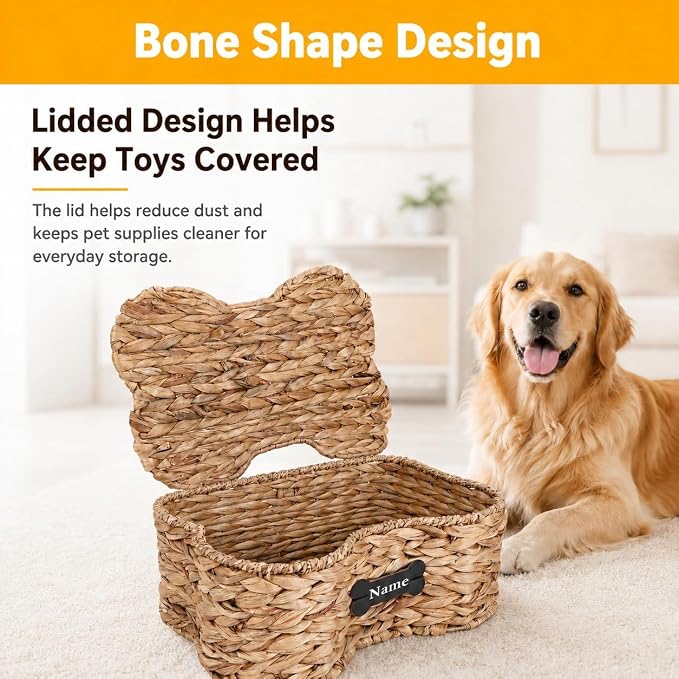 Dog Toy Basket with Lid, Bone Shape Wicker Pet Toy Storage Bin, Handmade Water Hyacinth Dog Organizer with Name Label, Dog Cat Toy Basket Holder Box for Living Room, Leashes, Balls, Blankets