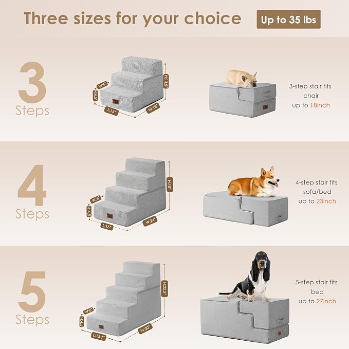 EHEYCIGA Dog Stairs for High Bed 22.5" H, 5-Step Dog Steps, Light Grey | Pet Steps for Small Dogs and Cats for Bed, Non-Slip Balanced Pet Ramp Indoor