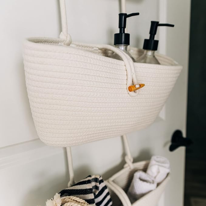 OrganiHaus Over the Door Organizer, Woven Rope Hanging Baskets, 3-Tier | Cotton Wall Storage Basket For Nursery Decor, Entryway, Bathroom, Playroom Or Dorm, Mounts On Door Or Wall, Off-White