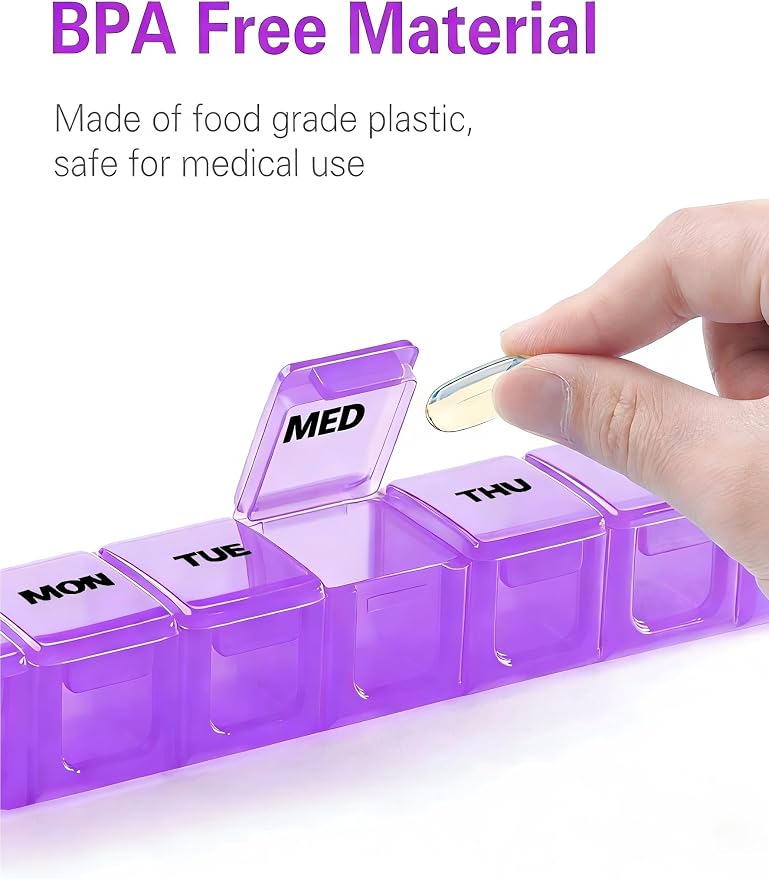 BUG HULL Weekly Pill Organizer Large 2 Packs, Extra Large Travel Pill Organizers, Pill Box 7 Day, Travel Pill Case, Medicine Pill Organizer for Vitamins, Supplements and Medication (White+Purple)