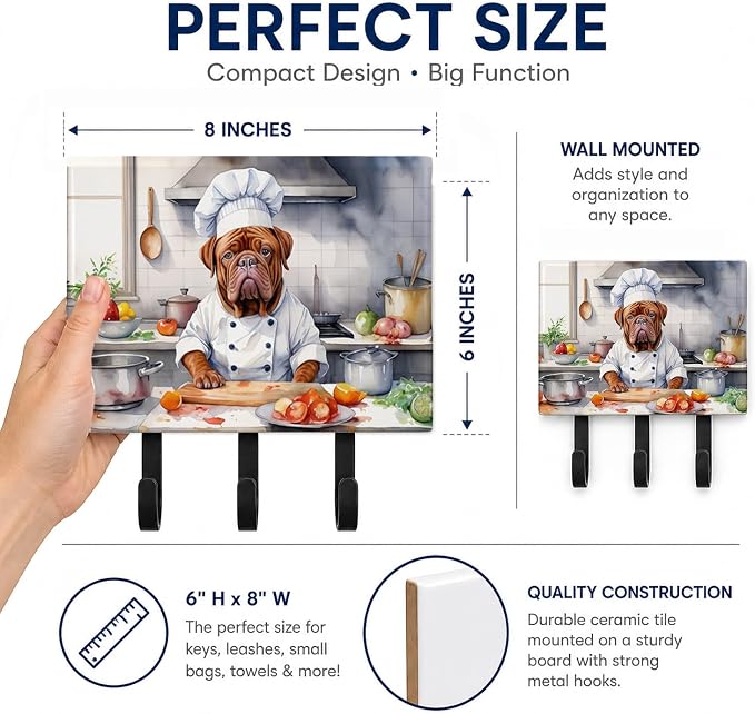 Caroline's Treasures Dogue de Bordeaux The Chef Leash or Key Holder Wall Hooks, Key Hooks Holder, Coat Rack Wall Mount, Coat Hooks, Hooks for Hanging Keys, Towels, Aprons, Leashes | Dogue de Bordeaux The Chef artwork on ceramic tile with three steel ho...