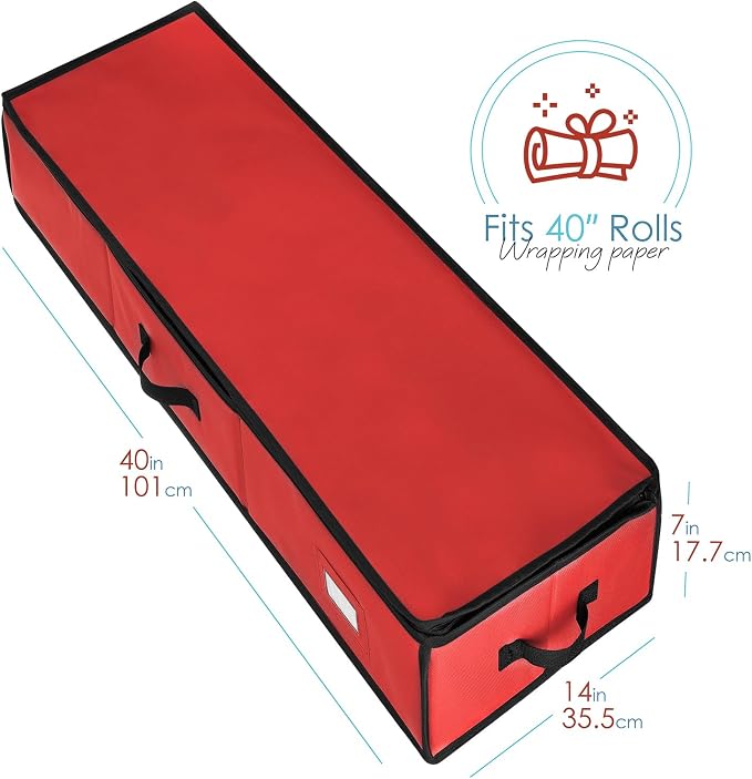 Hearth & Harbor Wrapping Paper Storage Container - Christmas Storage Bag with Ribbon Dispenser and Interior Pockets - Gift Wrap Organizer Fits Up to 26 Rolls of 40" Length, Red