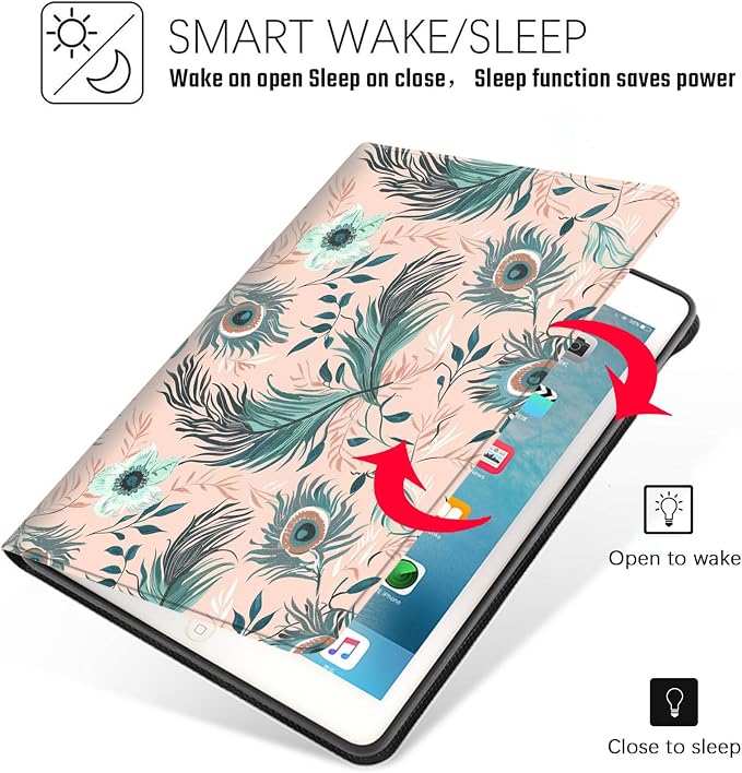 Tablet Case for iPad 10.2 Inch (9th/8th/7th Gen),Shockproof Protective Cover with Stand,Auto Wake/Sleep,Auto Wake/Sleep,Peacock Feather Flower