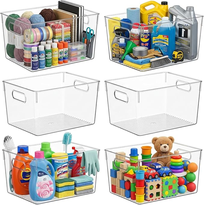 MOONEDGE 6 Pack X-Large Clear Organizer Bins 13x10x8in Storage Containers | Clear Containers for Organizing, Fridge Organizers and Storage, Freezer, Refrigerator, Office Supplies, Craft Room, Laundry
