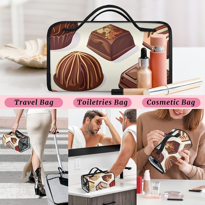 Chocolate Makeup Bag for Women Hanging Roll-Up Travel Organizer Toiletry Kit with 4 Removable Compartments, Food