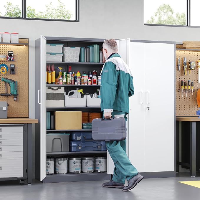 Metal Storage Cabinet with Lock Door and 5 Shelves,6 Tier Steel Garage Tool Cabinet for Home Office Utility Room 72" H X 36" W X18 D (White Gray)