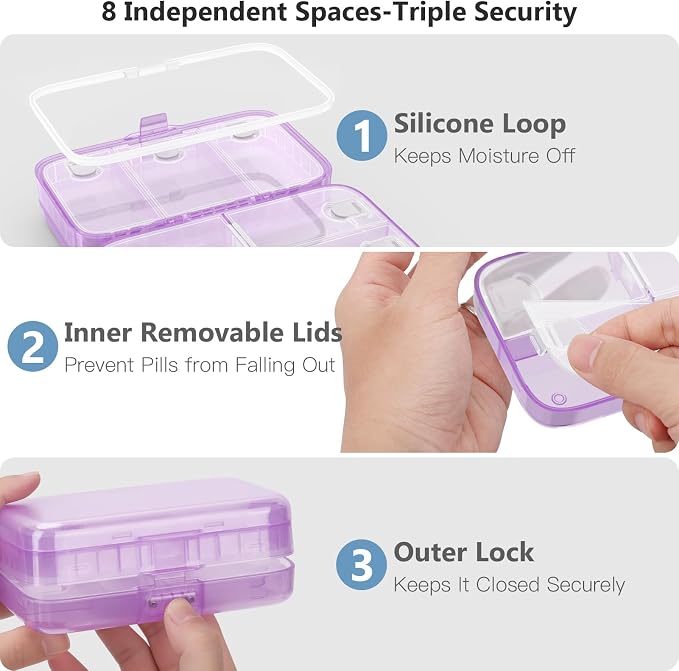 FYY Travel Pill Organizer, Large Weekly Medicine Pill Organizer-Purple | Airtight Moistureproof Medicine Case, Easy to Use, 8 Compartment Pill Box for Vitamins, Fish Oil, Supplements, Mini First Aid