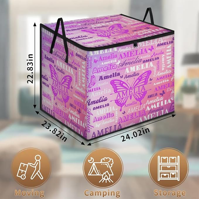 Personalized Extra Large Storage Basket with Lid, Comforters, Watercolor Pink Purple Butterflies Bedding Storage Bin for Home, Collapsible Basket for Clothes, Moving, Car Trunk
