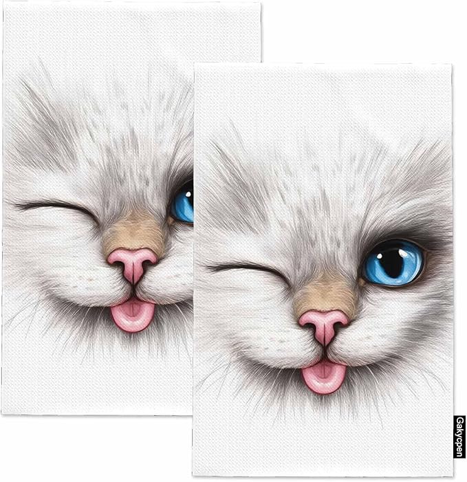Funny Cat 2Pcs Kitchen Towels Creative Smiling Cat Blue Eyes Portrait 16X24 Inch Ultra Soft Tea Towel Super Absorbent Terry Dish Towels for Kitchen Linens