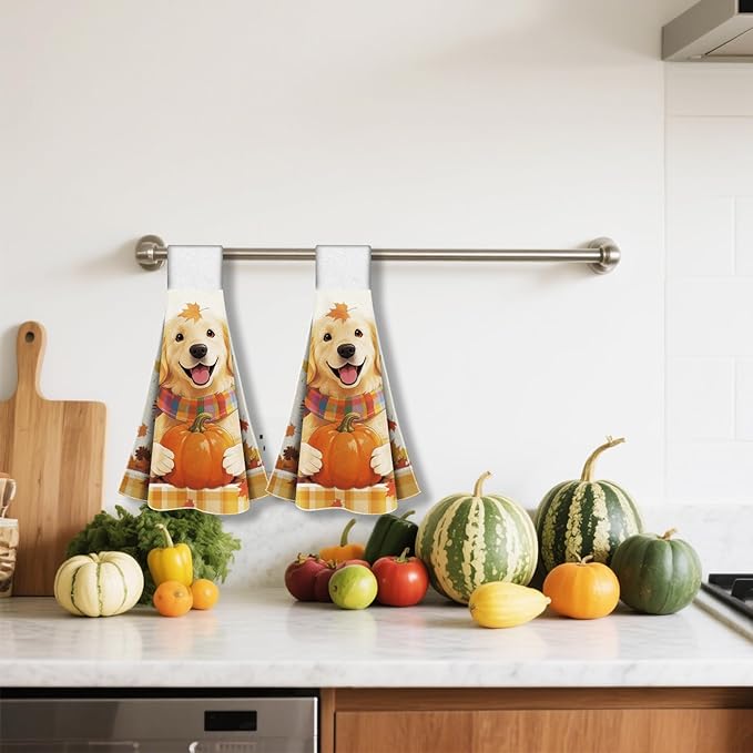 CUTHOLLOW Dog and Autumn Pumpkin Hanging Kitchen Towels with Loop, Set of 2 - Soft & Super Absorbent Microfiber Decorative Hanging Dish & Hand Towel, Tea, Coffee Towel for Kitchen Bathroom Oven Handle
